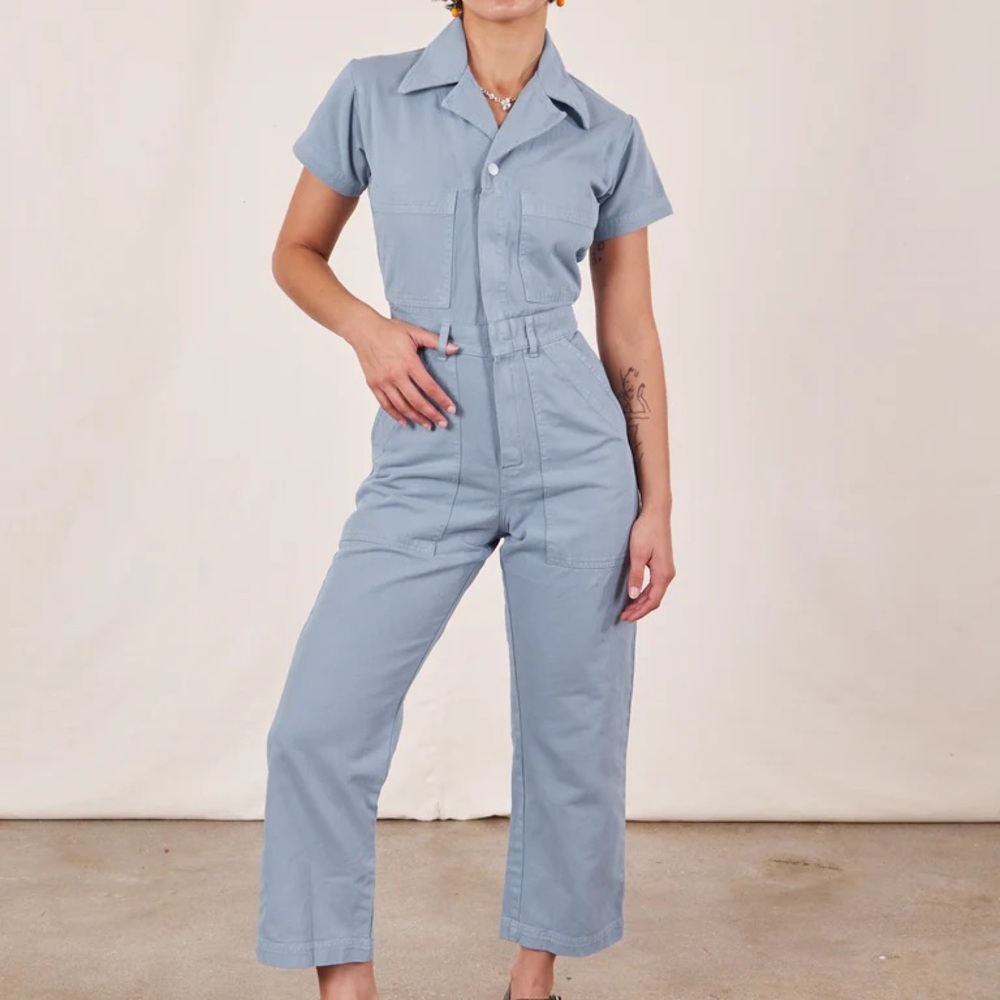 Big Bud Press short sleeve jumpsuit petite medium PM in periwinkle.